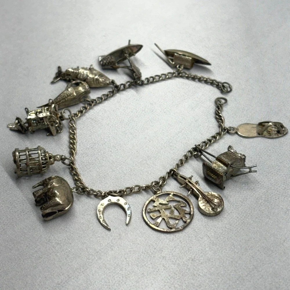 Vintage Chinese Export Silver 12 Charm Bracelet OS Silver Fair Articulated Fish